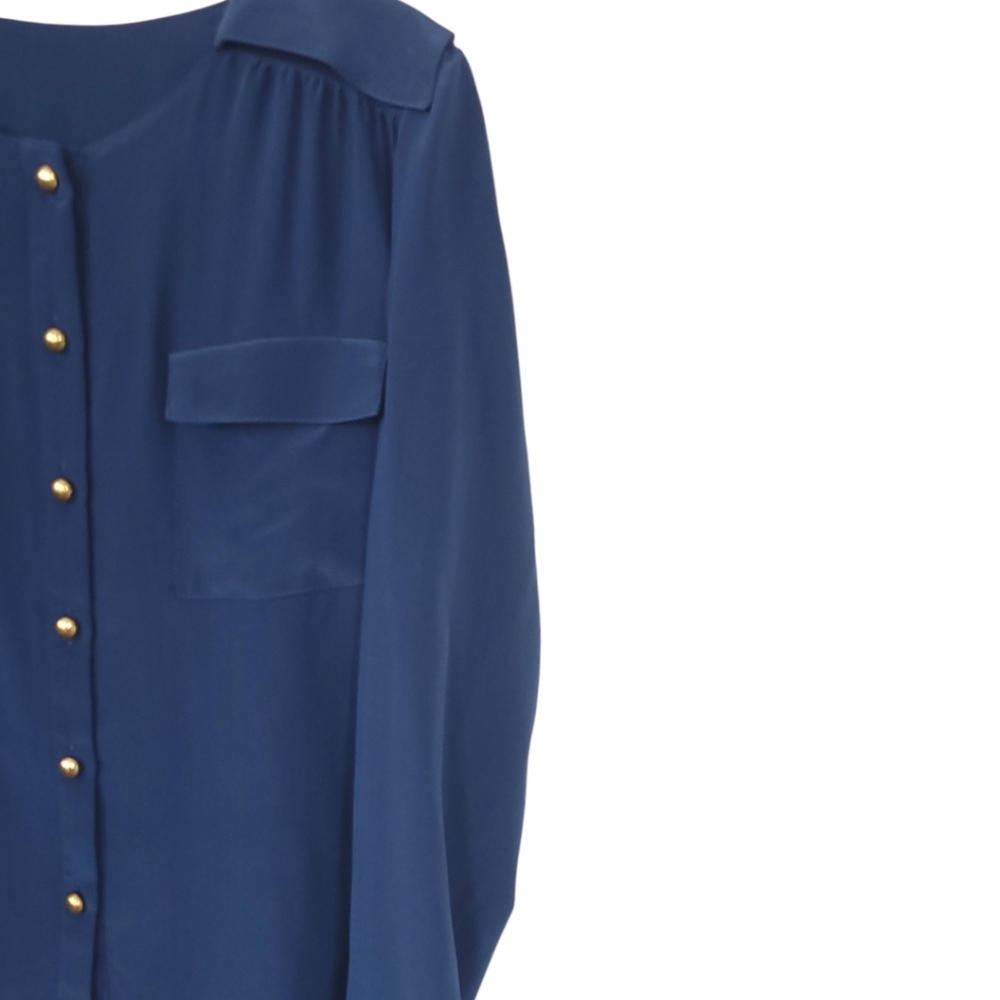 Hunter Dixon Navy Silky Blouse Gold Buttons Utility Pocket Top Size L Office‎ - Picture 7 of 11